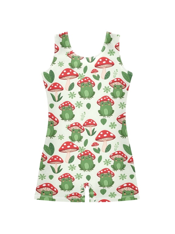 Frog with Mushroom Pattern Girls Leotards Gymnastics Tumbling Outfit Biketard Unitard 3-4Years