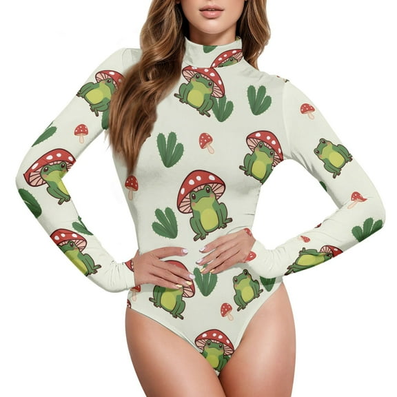 joogoo Frogs Mushrooms Women's Mock Turtle Neck Long Sleeve Bodysuit L