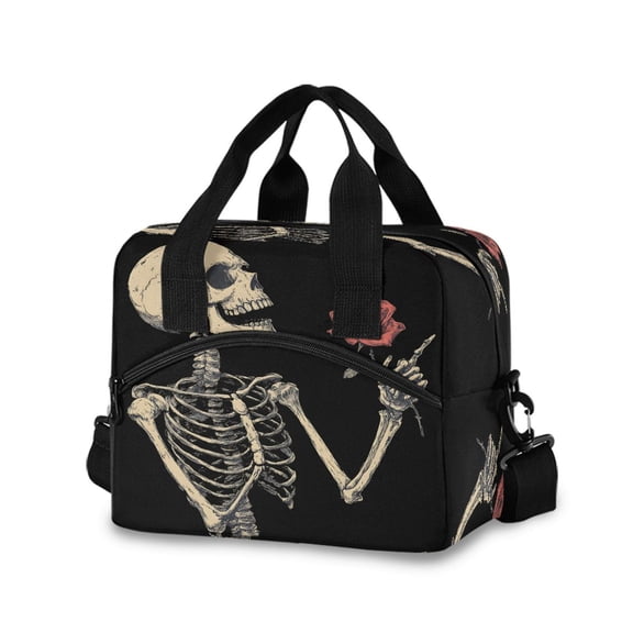 joogoo Funny Cool Skeleton Flower Insulated Lunch Bags Reusable Cooler Box with Shoulder Strap