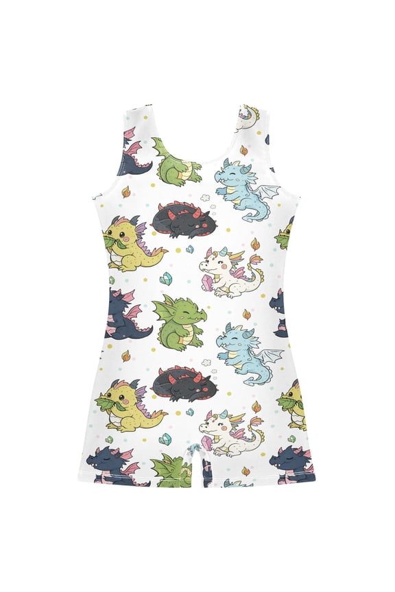 Funny Dragons Pattern Girls Leotards Gymnastics Tumbling Outfit Biketard Unitard 5-6Years
