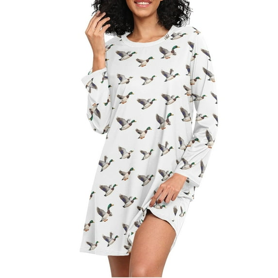 joogoo Funny Flying Ducks Women's Long Sleeve Nightgown Sleepwear S