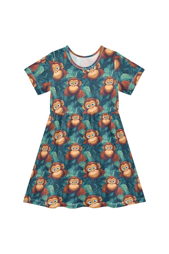 Funny Gorillas Palm Leaf Girls' Short Sleeve Dress Kids Dresses 5-6T