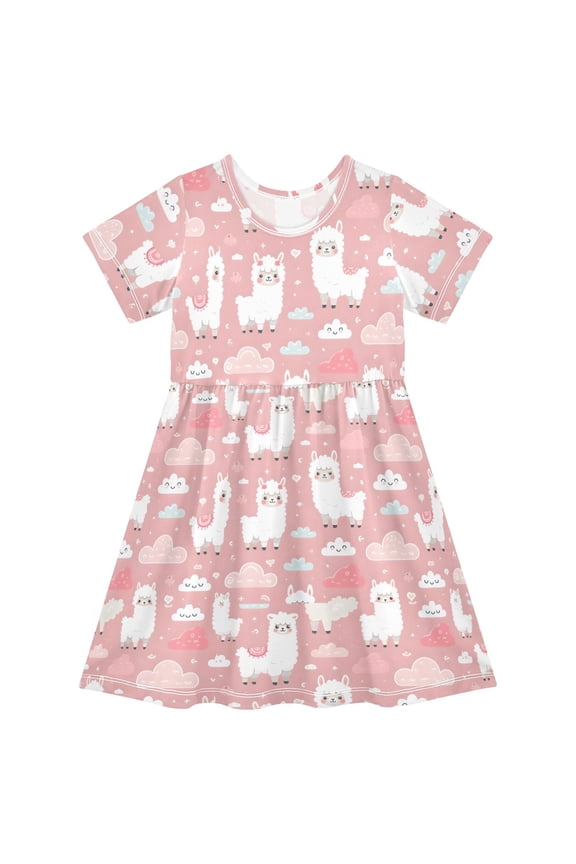Funny Llama and Clouds Girls' Short Sleeve Dress Kids Dresses 4T