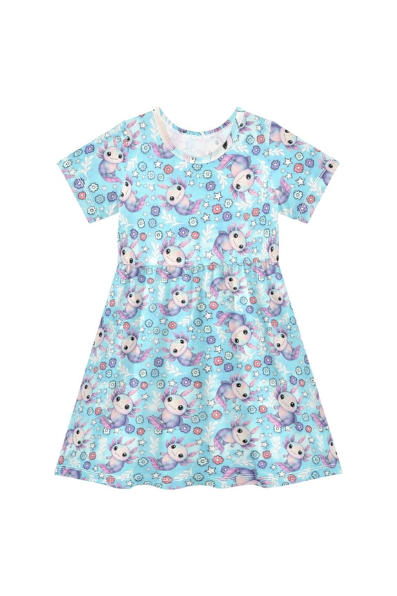 Galaxy Axolotl Floral Girls' Short Sleeve Dress Kids Dresses 7-8T