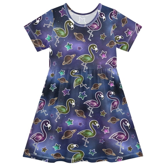 joogoo Galaxy Flamingo Girls' Short Sleeve Dress Kids Dresses 5-6T