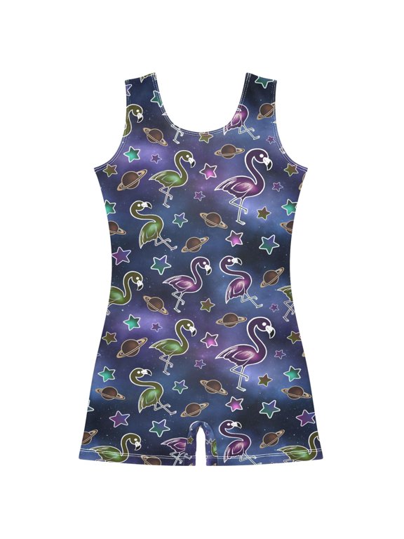 Galaxy Flamingo Pattern Girls Leotards Gymnastics Tumbling Outfit Biketard Unitard 3-4Years