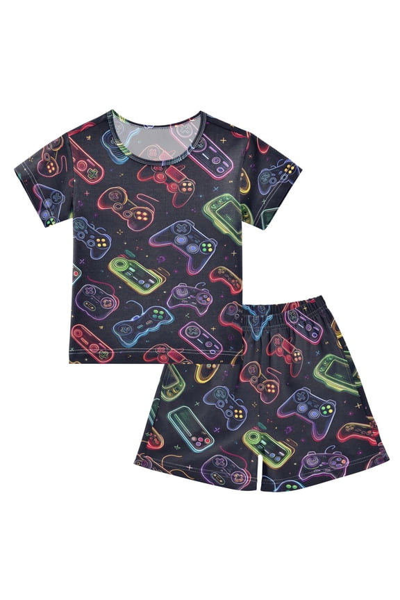 Game Controller Pattern Pajama Sets Short Sleeve Cotton 2-Piece Sleepwear 8Y