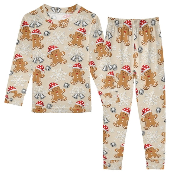 joogoo Gingerbread Man Snowflake Bell Pattern 2 Piece Long Sleeve Tee and Pants Cotton Pajama Set 5Y