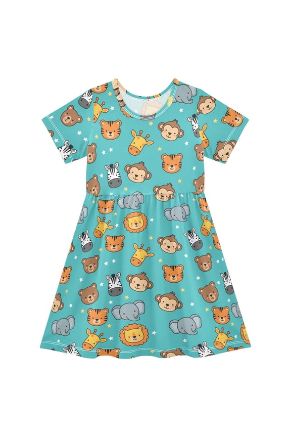 Giraffe Elephant Bear Tiger Girls' Short Sleeve Dress Kids Dresses 4T