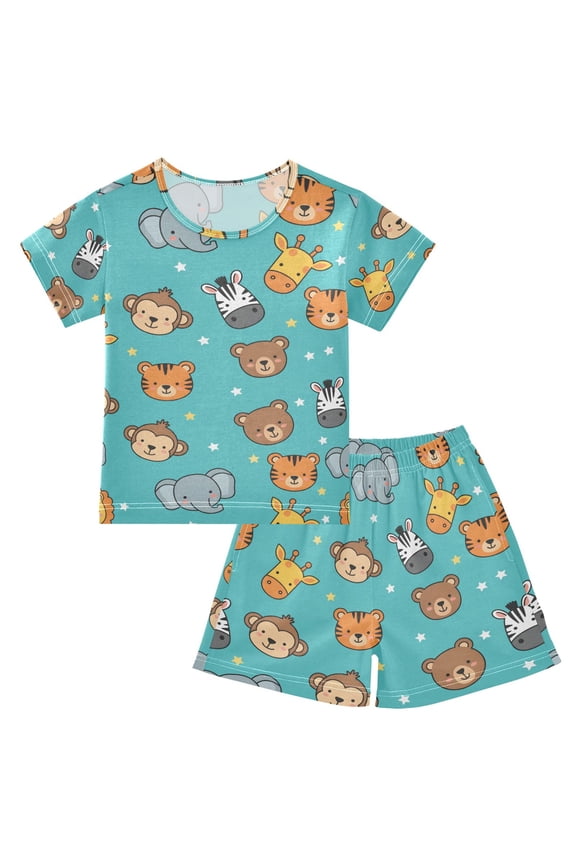 Giraffe Elephant Bear Tiger Pajama Sets Short Sleeve Cotton 2-Piece Sleepwear 10Y