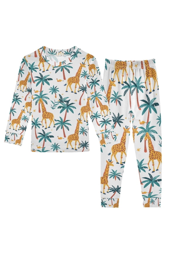 Giraffes Palm Tree Pajamas Set Long Sleeve Soft Cotton Sleepwear 2 Piece 18M