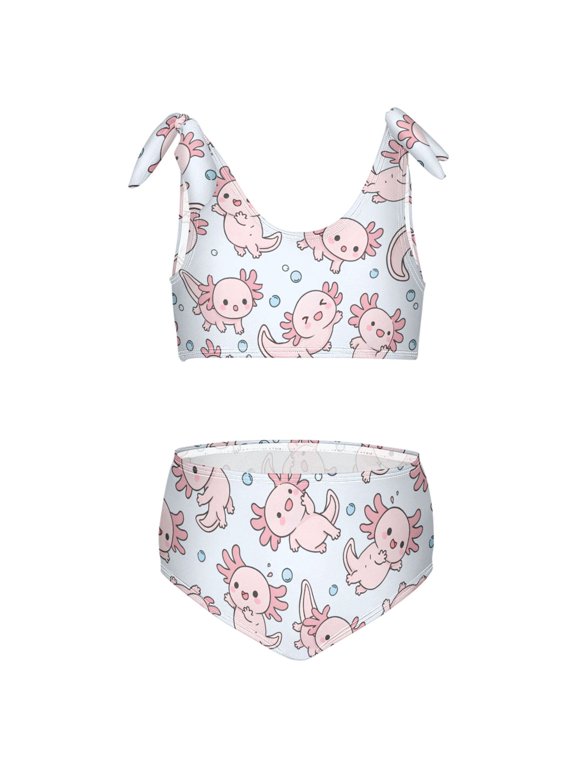 Girls 2 Piece Axolotl Dancing Print Swimsuit Set Kids with Adjustable Straps Bathing Suit Summer Beach Pool Swimwear for 7-8T