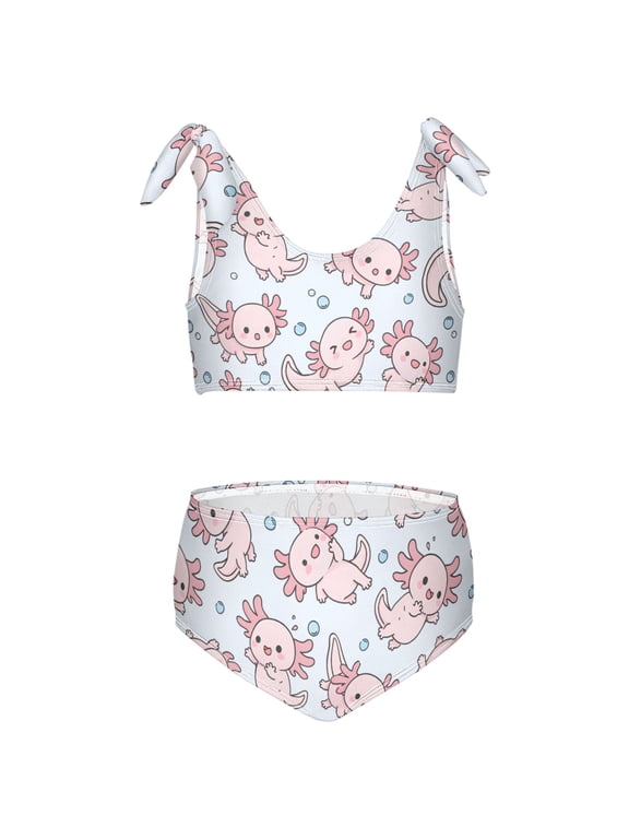 Girls 2 Piece Axolotl Dancing Print Swimsuit Set Kids with Adjustable Straps Bathing Suit Summer Beach Pool Swimwear for 9-10T