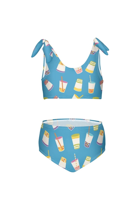 Girls 2 Piece Boba Bubble Tea Print Swimsuit Set Kids with Adjustable Straps Bathing Suit Summer Beach Pool Swimwear for 5-6T