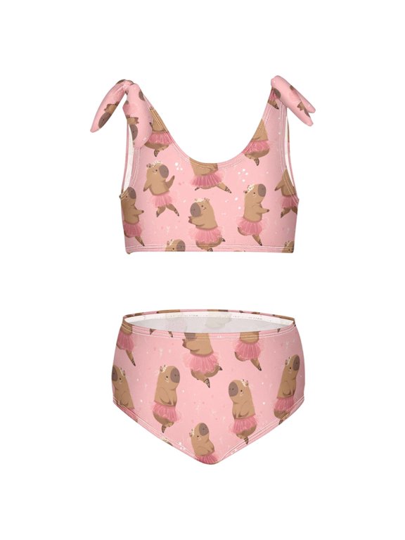 Girls 2 Piece Capybara Dancing Print Swimsuit Set Kids with Adjustable Straps Bathing Suit Summer Beach Pool Swimwear for 11-12T