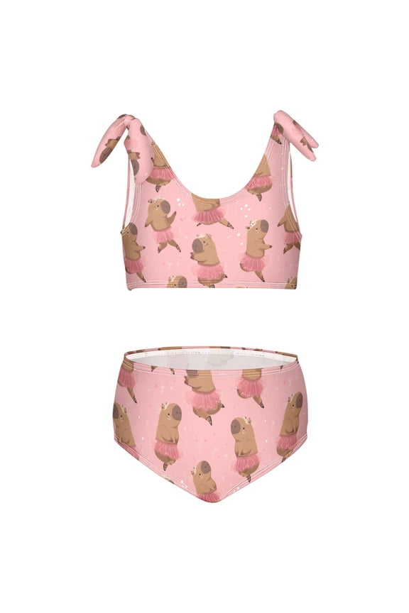 Girls 2 Piece Capybara Dancing Print Swimsuit Set Kids with Adjustable Straps Bathing Suit Summer Beach Pool Swimwear for 5-6T