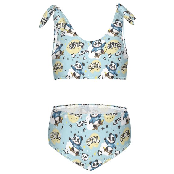 joogoo Girls 2 Piece Cartoon Pandas Skating Print Swimsuit Set Kids with Adjustable Straps Bathing Suit Summer Beach Pool Swimwear for 9-10T