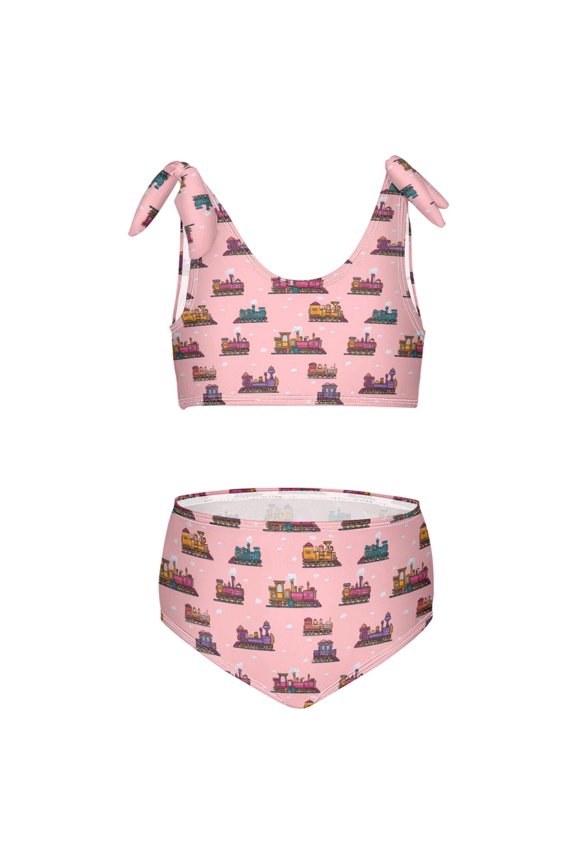 Girls 2 Piece Cartoon Trains Print Swimsuit Set Kids with Adjustable Straps Bathing Suit Summer Beach Pool Swimwear for 7-8T