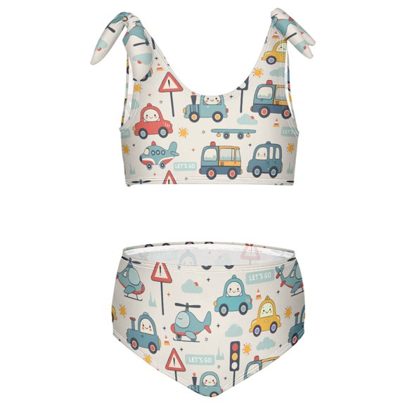 joogoo Girls 2 Piece Cute Cars Trucks Print Swimsuit Set Kids with Adjustable Straps Bathing Suit Summer Beach Pool Swimwear for 5-6T