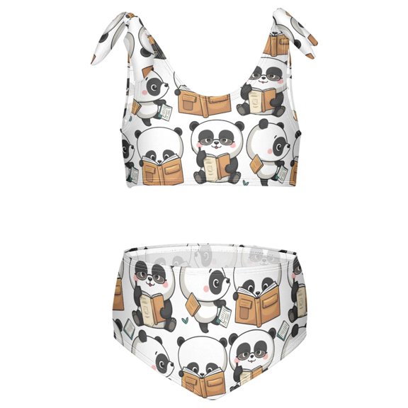 joogoo Girls 2 Piece Cute Pandas Reading Print Swimsuit Set Kids with Adjustable Straps Bathing Suit Summer Beach Pool Swimwear for 7-8T