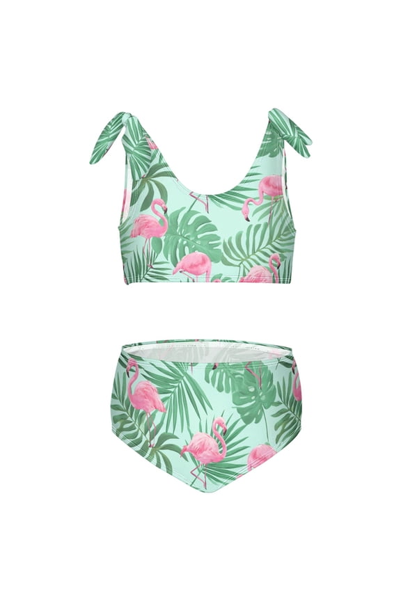 Girls 2 Piece Flamingo Tropical Leaves Print Swimsuit Set Kids with Adjustable Straps Bathing Suit Summer Beach Pool Swimwear for 9-10T