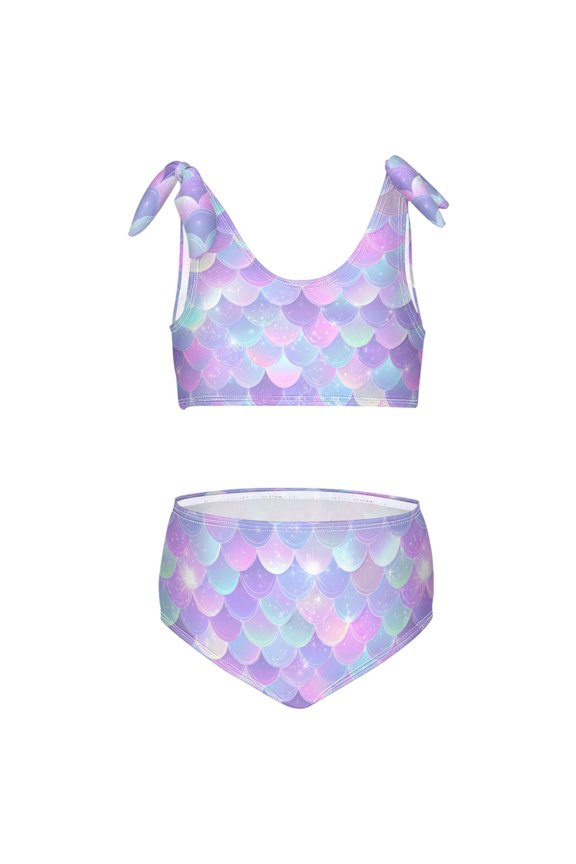 Girls 2 Piece Gradient Fish Scales Print Swimsuit Set Kids with Adjustable Straps Bathing Suit Summer Beach Pool Swimwear for 5-6T