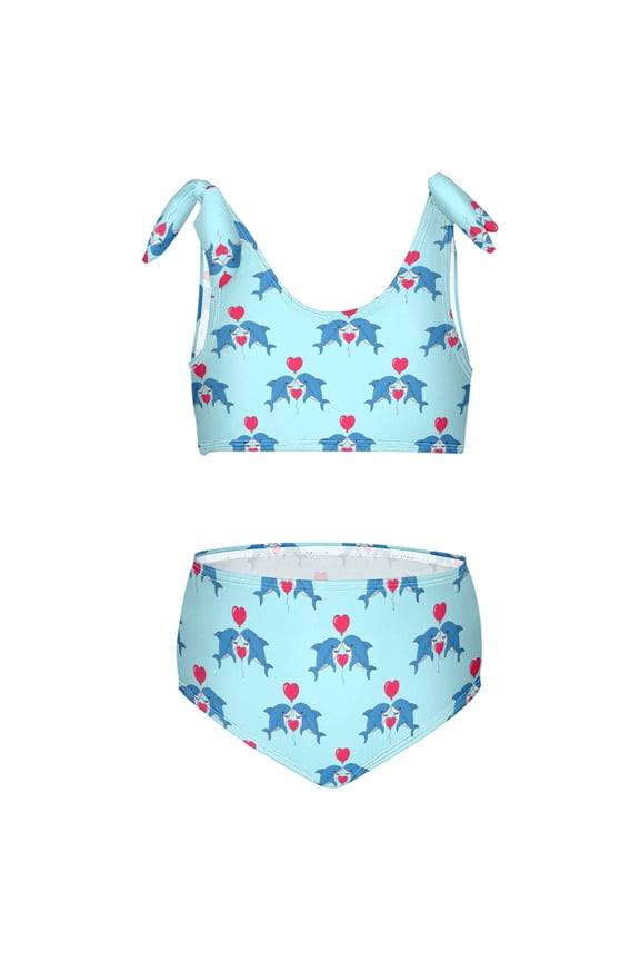 Girls 2 Piece Shark and Hearts Print Swimsuit Set Kids with Adjustable Straps Bathing Suit Summer Beach Pool Swimwear for 11-12T