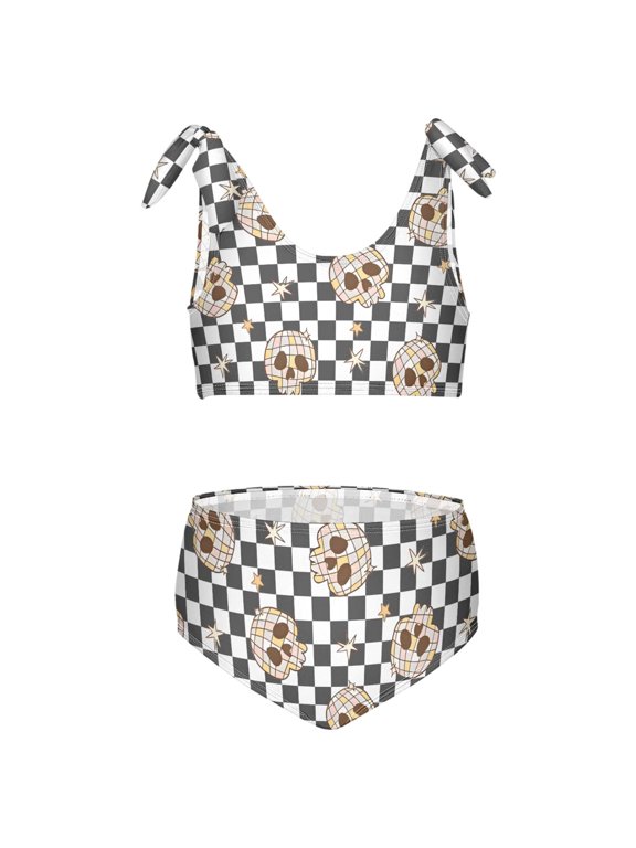 Girls 2 Piece Skulls on Checkered Print Swimsuit Set Kids with Adjustable Straps Bathing Suit Summer Beach Pool Swimwear for 9-10T