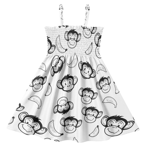joogoo Girls' Cartoon Monkey Banana-1 Print Cami Dress Kids Sleeveless Smocked A-Line Sundress for 4 Years Casual Summer Swing Dresses