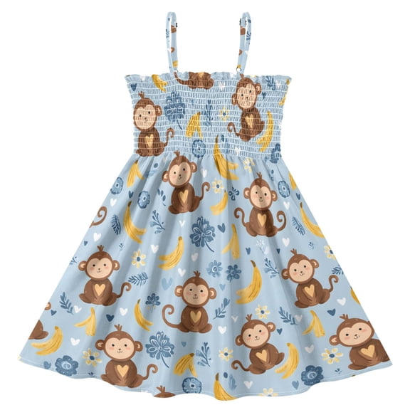 joogoo Girls' Cartoon Monkey Bananas Print Cami Dress Kids Sleeveless Smocked A-Line Sundress for 2 Years Casual Summer Swing Dresses