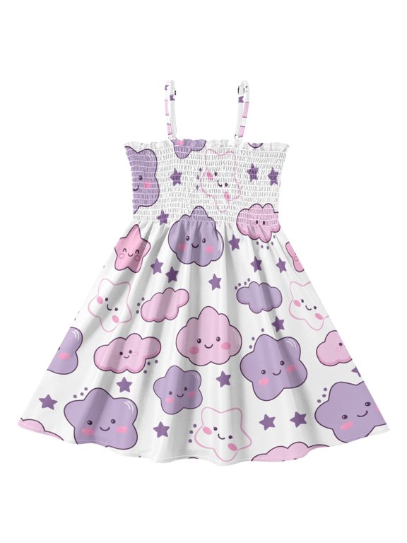 Girls' Cute Stars Cloud Print Cami Dress Kids Sleeveless Smocked A-Line Sundress for 4 Years Casual Summer Swing Dresses