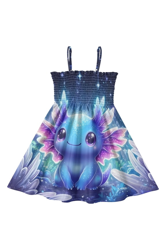 Girls' Galaxy Axolotl Night Print Cami Dress Kids Sleeveless Smocked A-Line Sundress for 7-8 Years Casual Summer Swing Dresses
