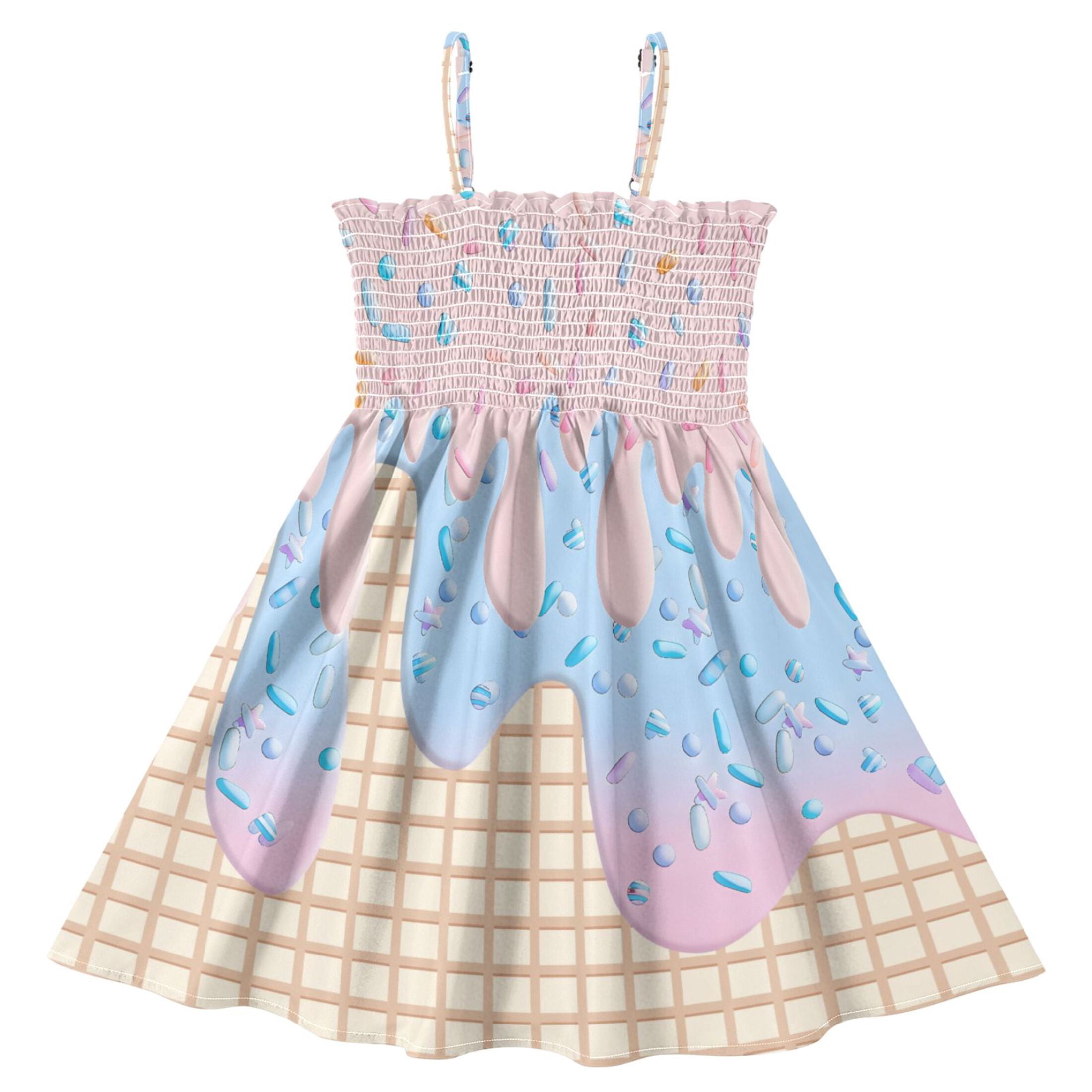 joogoo Girls' Ice Cream Pink Print Cami Dress Kids Sleeveless Smocked A-Line Sundress for 2 Years Casual Summer Swing Dresses