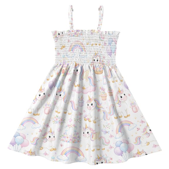 joogoo Girls' Magical Unicorns Rainbows Castle Print Cami Dress Kids Sleeveless Smocked A-Line Sundress for 2 Years Casual Summer Swing Dresses