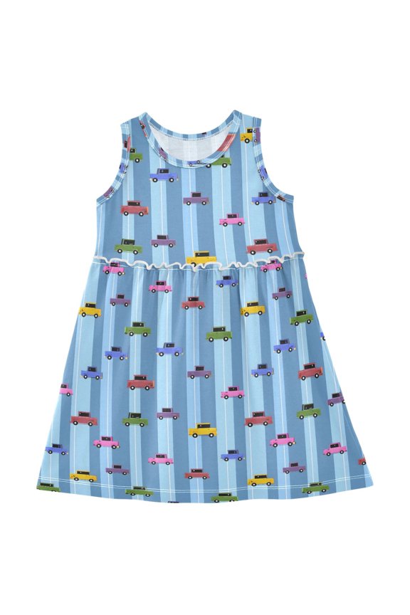 Girls Sleeveless Dress Cartoon Cars on Stripes Stylish Short Sleeve Dresses 6Y