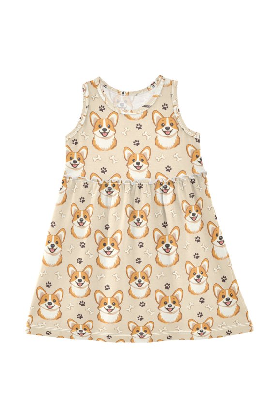 Girls Sleeveless Dress Cute Corgi Dog Bone Footprint Stylish Short Sleeve Dresses 6Y