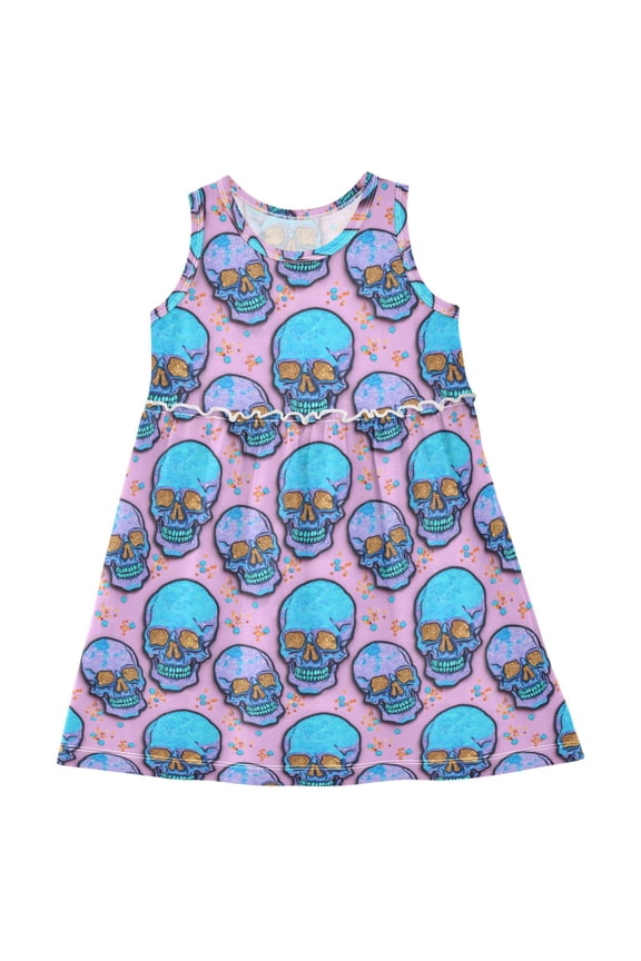 Girls Sleeveless Dress Glitter Halloween Skull Stylish Short Sleeve Dresses 8Y