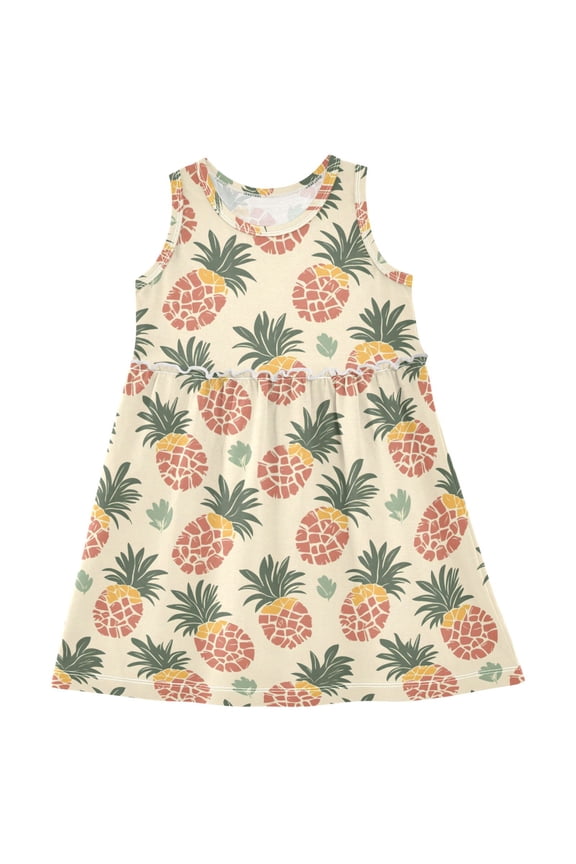 Girls Sleeveless Dress Retro Tropical Pineapple Stylish Short Sleeve Dresses 6Y