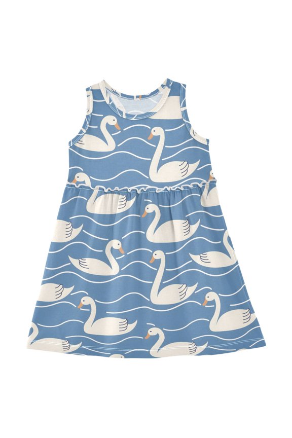 Girls Sleeveless Dress Swans in Water Wave Stylish Short Sleeve Dresses 8Y