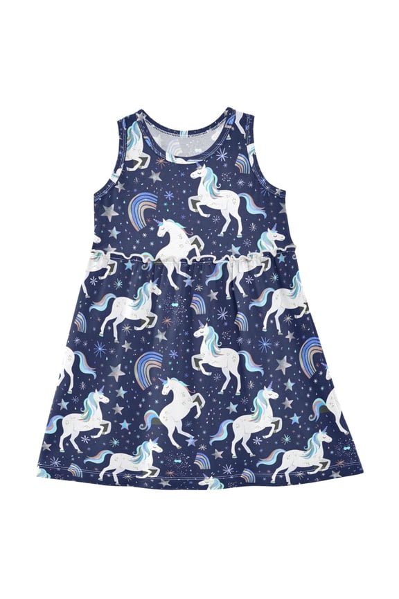 Girls Sleeveless Dress Unicorns Rainbows Stylish Short Sleeve Dresses 6Y