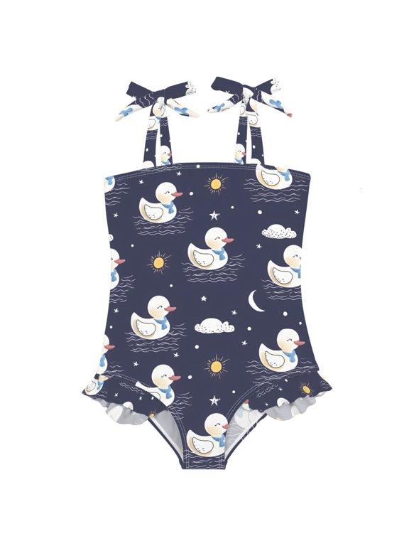 Girls Swimsuit with Cute Duck Cloud Sun Print One-Piece Swimwear Bathing Suit 6 Years