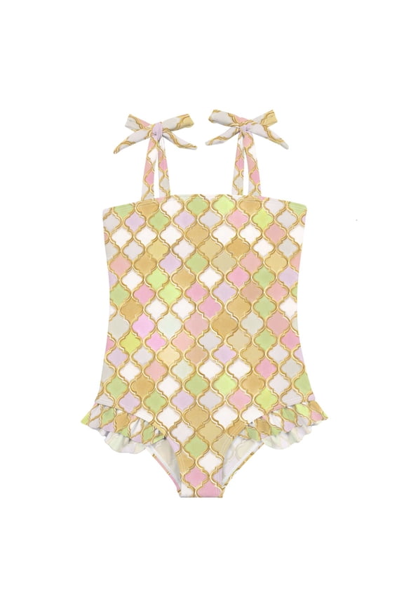 Girls Swimsuit with Pastel Moroccan Print One-Piece Swimwear Bathing Suit 4 Years