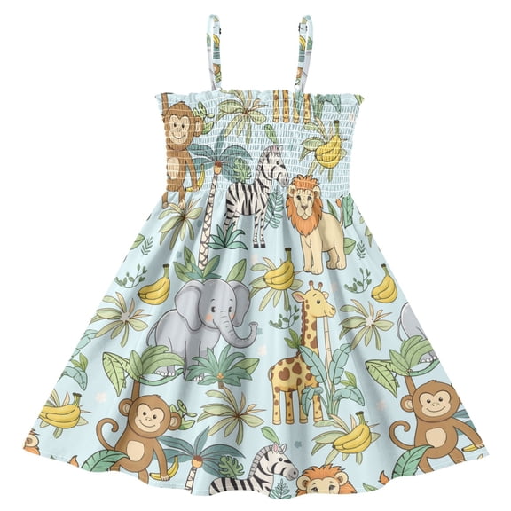 joogoo Girls' Zoo Elephant Monkey Giraffe Print Cami Dress Kids Sleeveless Smocked A-Line Sundress for 3 Years Casual Summer Swing Dresses