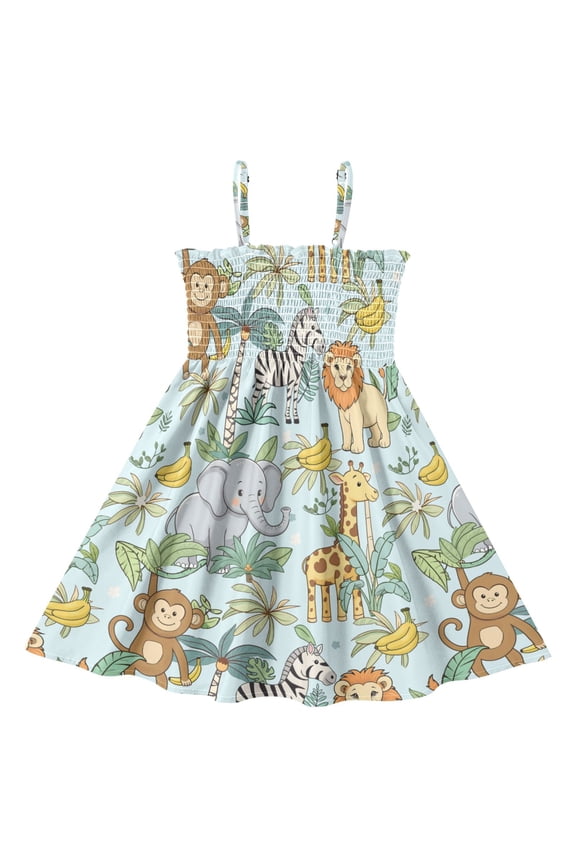 Girls' Zoo Elephant Monkey Giraffe Print Cami Dress Kids Sleeveless Smocked A-Line Sundress for 3 Years Casual Summer Swing Dresses