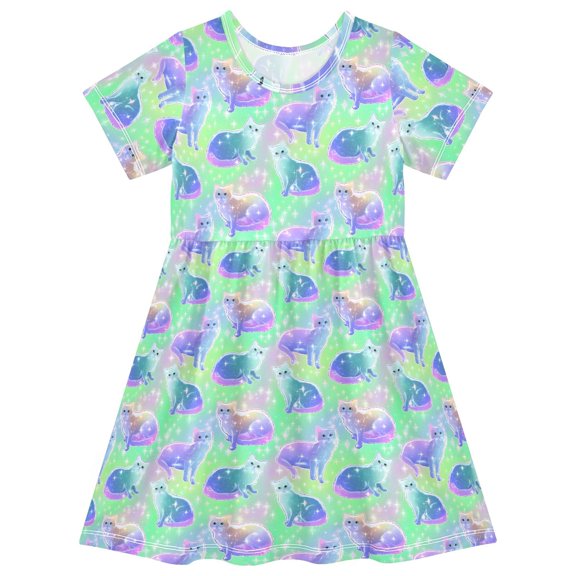 joogoo Glitter Cute Cats Girls' Short Sleeve Dress Kids Dresses 5-6T