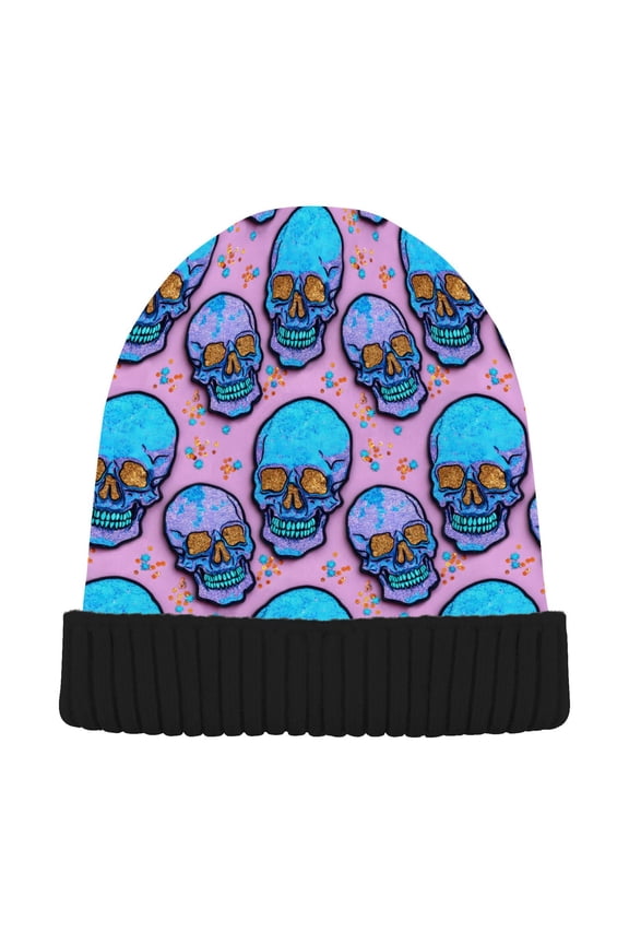 Glitter Halloween Skull Beanie Hats Cuffed Winter Warm Knit Thick Beanies
