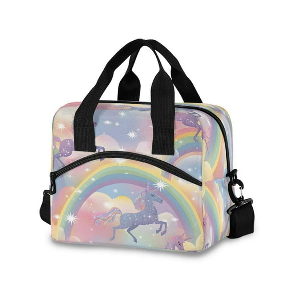 joogoo Glitter Unicorns and Rainbows Insulated Lunch Bags Reusable Cooler Box with Shoulder Strap