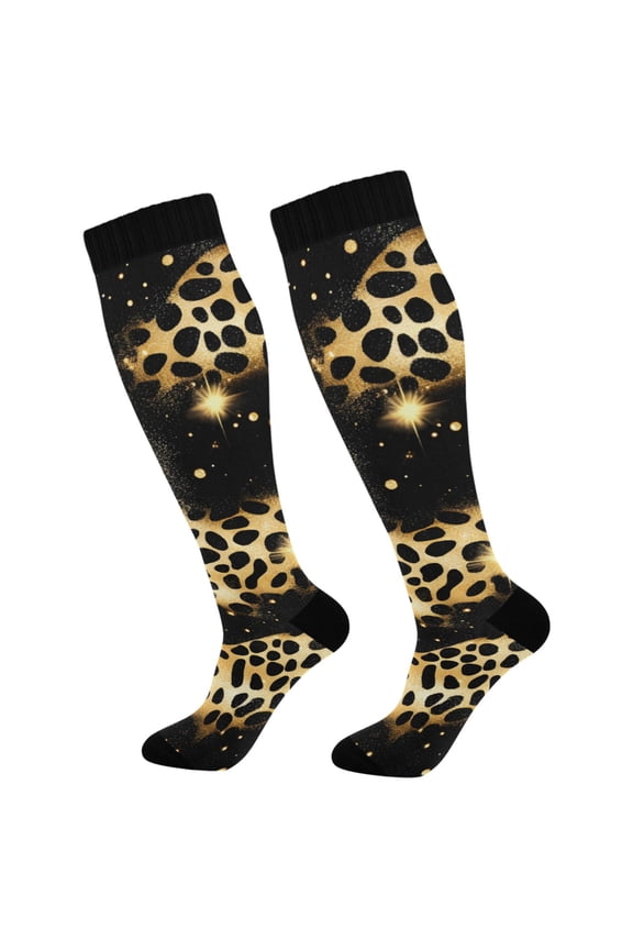 Golden Leopard Print Socks Women Men Knee High Sock