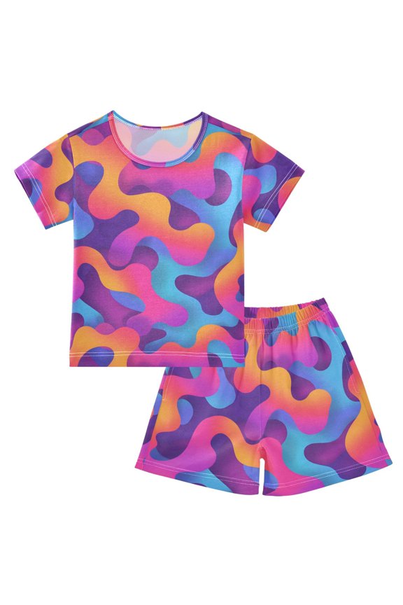 Gradient Rainbow Pattern Pajama Sets Short Sleeve Cotton 2-Piece Sleepwear 8Y