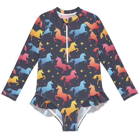 joogoo Gradient Unicorns Stars Pattern Girls One-Piece Swimsuits UPF 50+ Long Sleeve Rash Guard Bathing Suit 11-12 Years